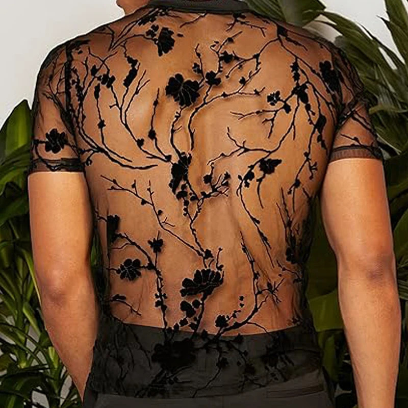 Summer mens mesh lace knitted Tshirt hollow Oneck sweater short sleeved rose print 250320