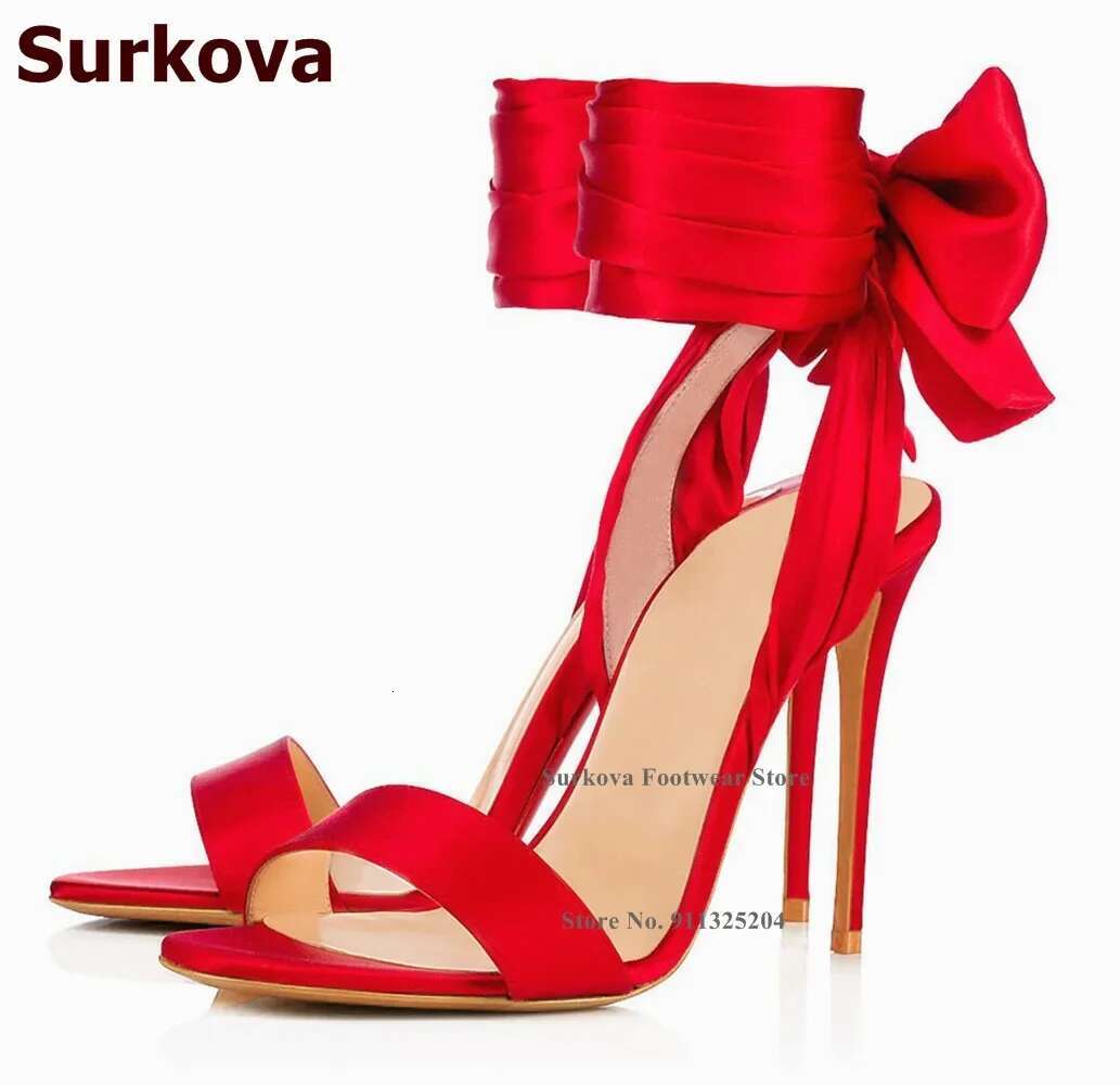 Surkova Hot Red Satin Fabric Big Bowtie Sandals Thin High Heel Silk Cloth Lace-up Butterfly-knot Wedding Shoes Plus Size46 Pumps