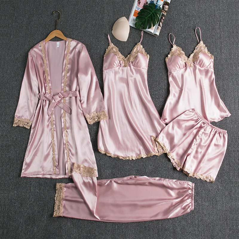 5pcs sleepwear and bathrobe set silk sexy fashionable lace gold flower thin spring and summer casual home wear 250319
