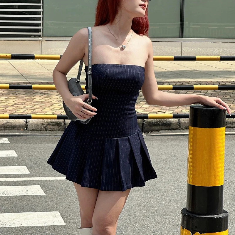 Korean fashion sleeveless Aline dress aesthetic high street wear sloping collar pleated elegant in summer ultrathin Vestidos sexy 250319