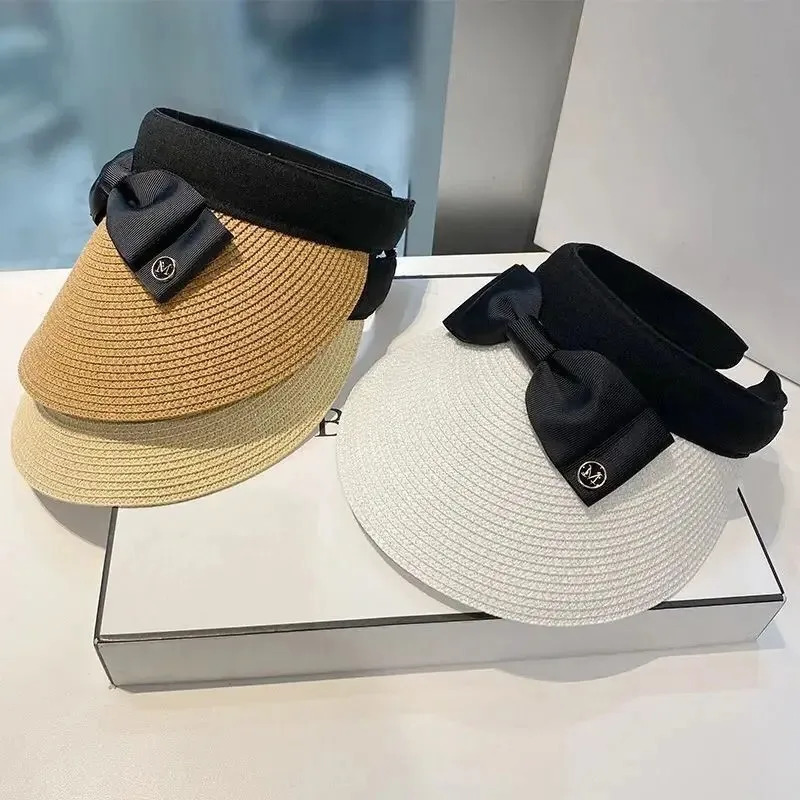 Summer Empty Top Raffia Straw Hat Women Outdoor Travel Beach Sunscreen Anti Uv Riding Sun Hat Girl Big Brim Bow Visor Cap 250320