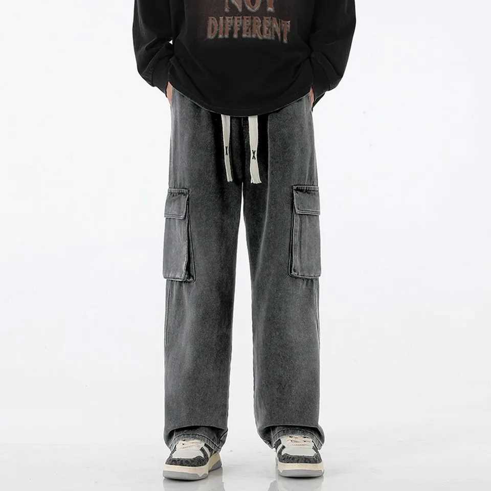 Retro Y2K pocket jeans mens American streetwear straight denim cargo pants solid wash elastic waist PantalonesT250319