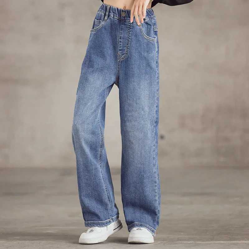 Spring Kids Jeans 3-9Y Cute Girls Solid Color Loose Wide Leg Pants Children Outwear Denim TrousersT250326