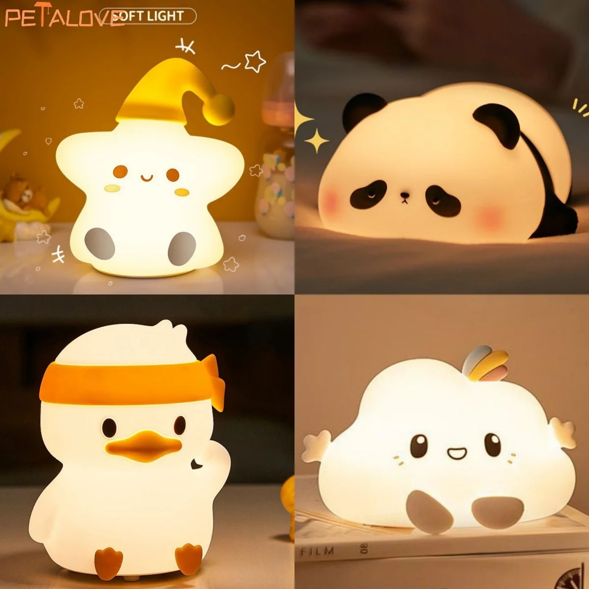 Night Light Cute Animal Panda Rabbit Duck Lovely Silicone Lamp Cloud Star Christmas Gift for Kids USB Recharge Warm Soft Light 250319