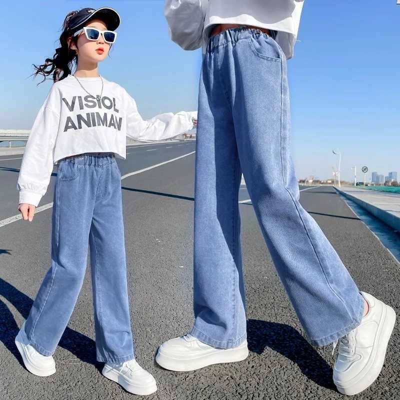 Girls jeans spring automatic casual loose side gradient color childrens hole wide leg underwear 3-12 years old teenagers school children TrouserT25023