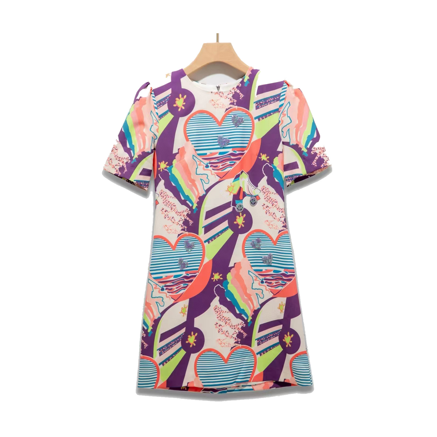 OC13800 Women's Dresses Multicolored Coated Canvas Luxury Customization Service Summer Round Neck Short Sleeved Printed Dress