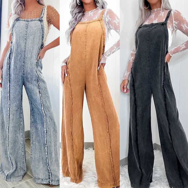 Womens Clothing Spring New Loose Overalls Women Retro Washed Raw Edge Wide Leg Jumpsuit