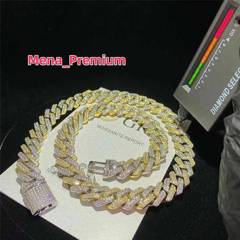 14mm Two Tone Vvs Necklace Sterg Sier Hip Hop Jewelry Moissanite Dia Cuban k Chain
