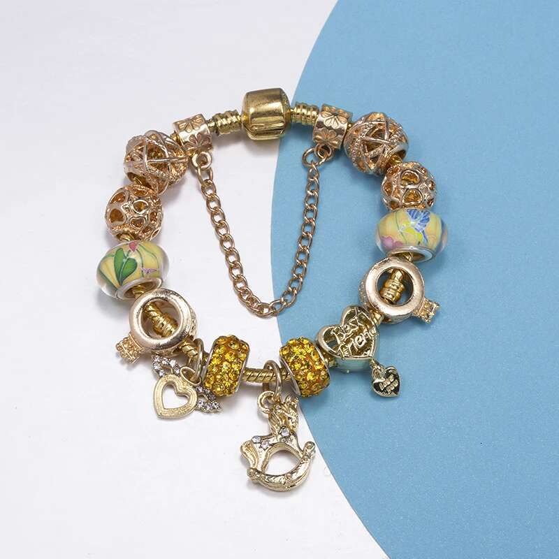 Gold Color Crown Trojan Horse Beads Charm Bracelet For Women With DIY Brand Bracelets Bangles Pulseras Jewelry Gift Dropshipping
