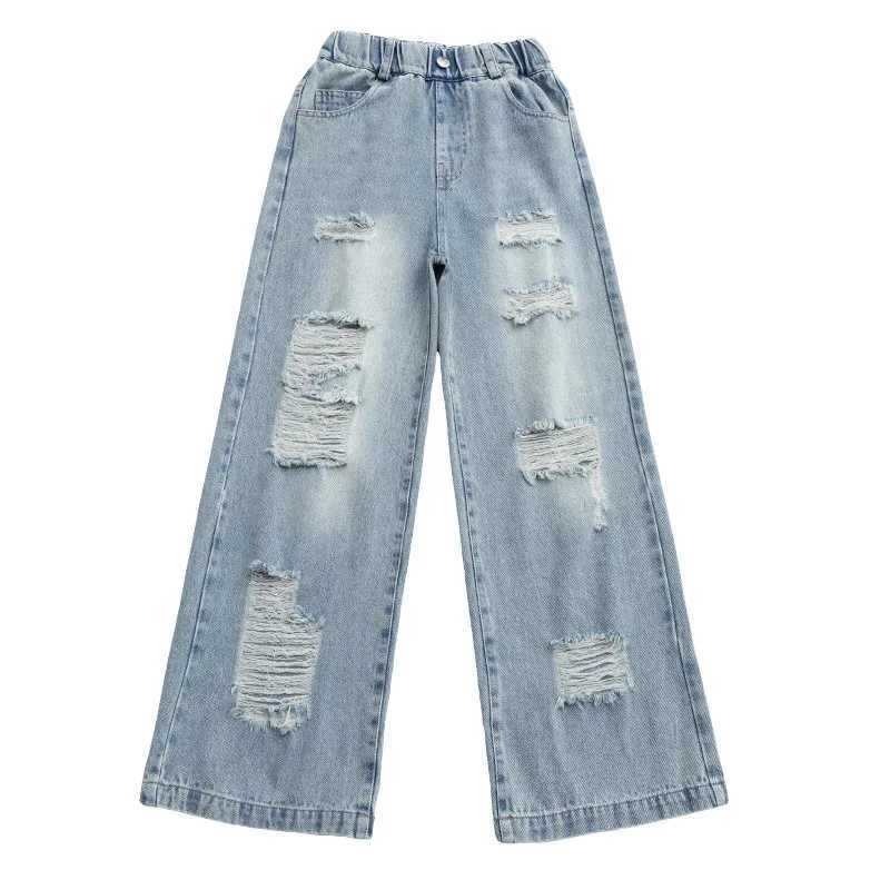 Cowgirl Ripped Jeans With Hole Kids Girls Casual Style Destroyed Denim Pants Spring Autumn Child High Street Trousers ClothesT250326