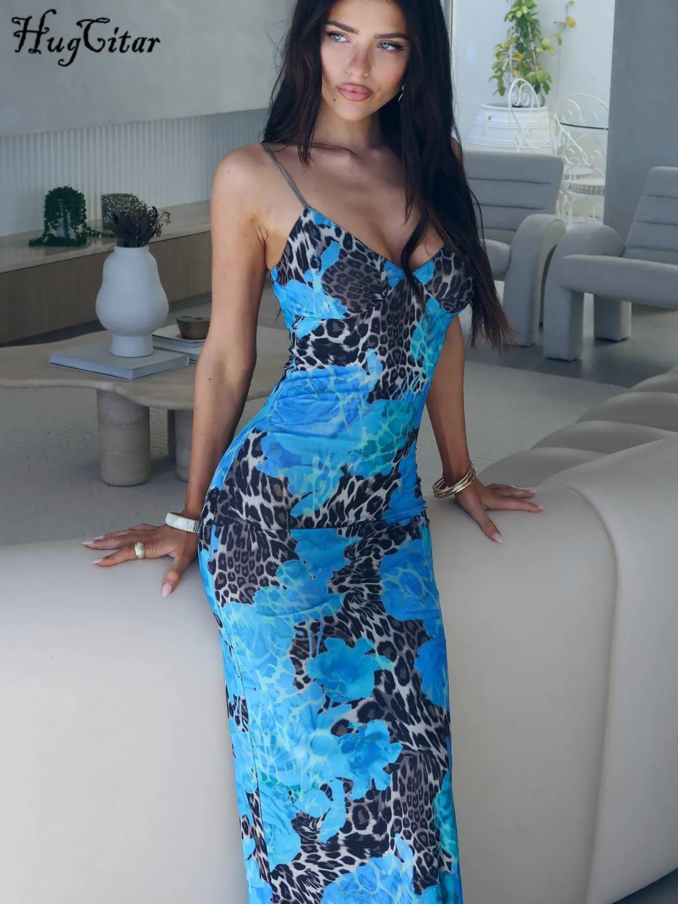 Hugcitar Elegant Print V Neck Slips Backless Sexy Bodycon Maxi Dress Fall Women Fashion Y2K Outfits Party Festival Club 250320