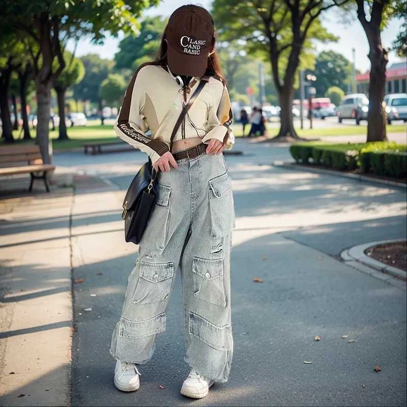 2024 Vintage Baggy Work Jeans Causal Wide Leg Trousers Girl Grunge Washed Multiple Pockets Denim Cargo Pants Low Rise SweatwearT2502320