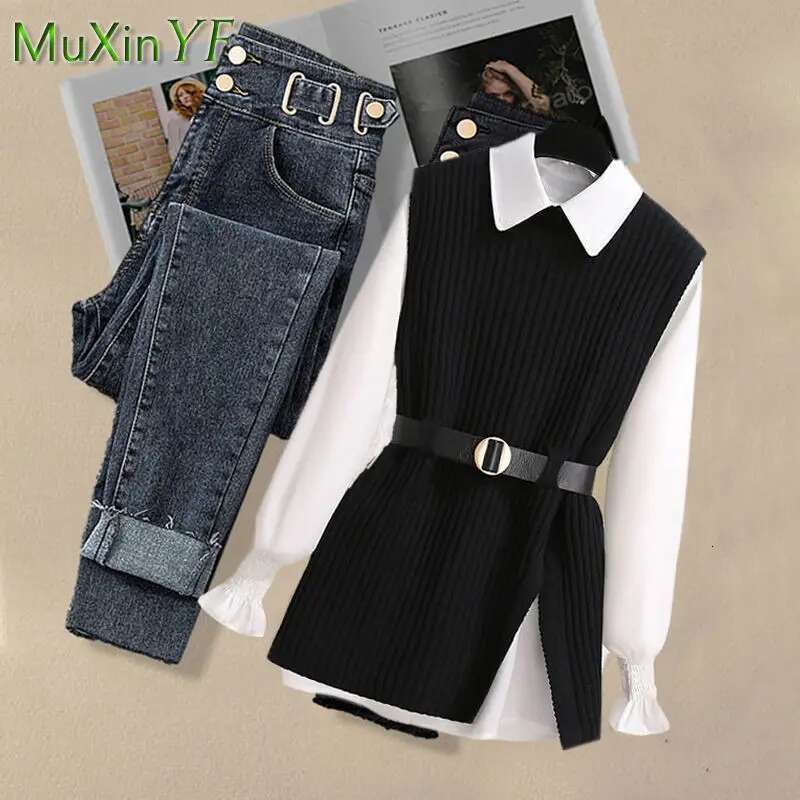 2025 Spring New Korean Elegant In Matching Set Women's Fashion Knitted Vest+Shirt+Jeans Three Piece Female Chic Denim Pants Suit