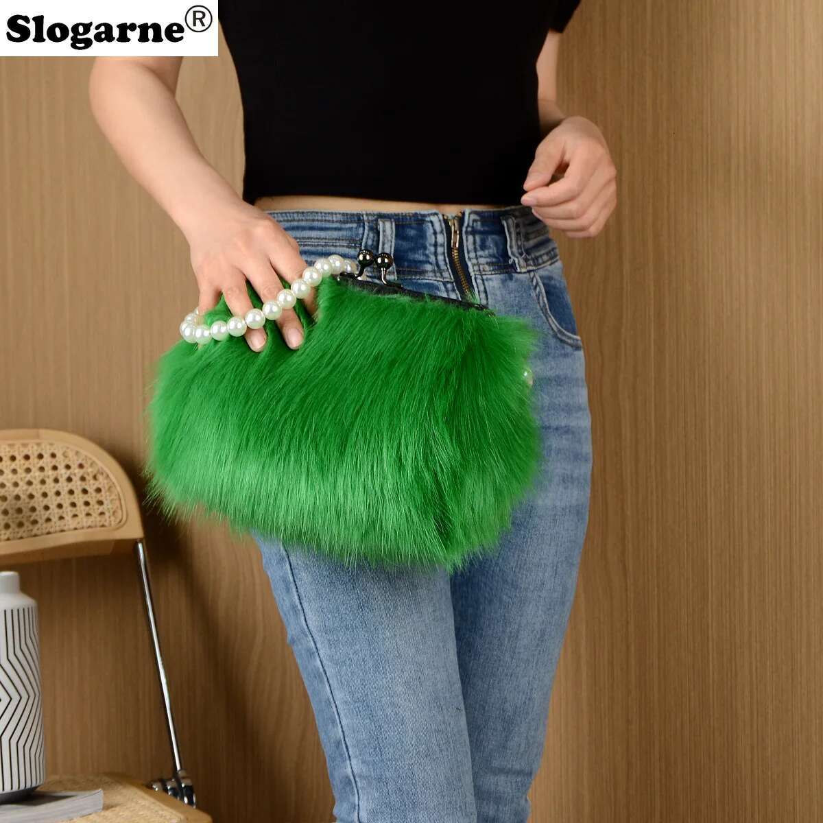 Women's Winter Faux Top Candy Color Pearl Handle Ladies Fox Fur Handbag Female Small Fluffy Clutch Evening Bags