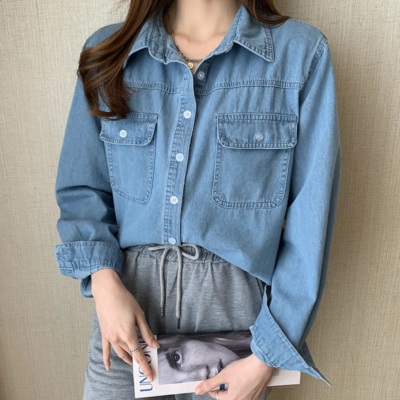 #3110 Spring Autumn Retro Blue Cotton Denim Womens Tops And Blouses Loose Casual Office Shirt Jeans Femme Turn-down Collar 250319