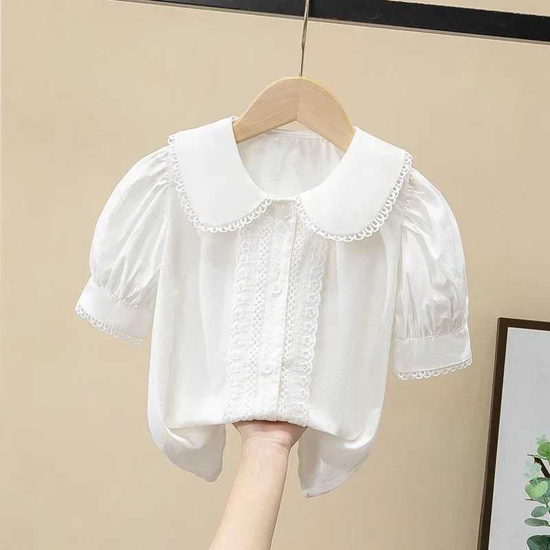 Baby girl clothing toddler shirt sweet collar short sleeved spring girl shirt solid color cotton top 2-12 years oldT250320
