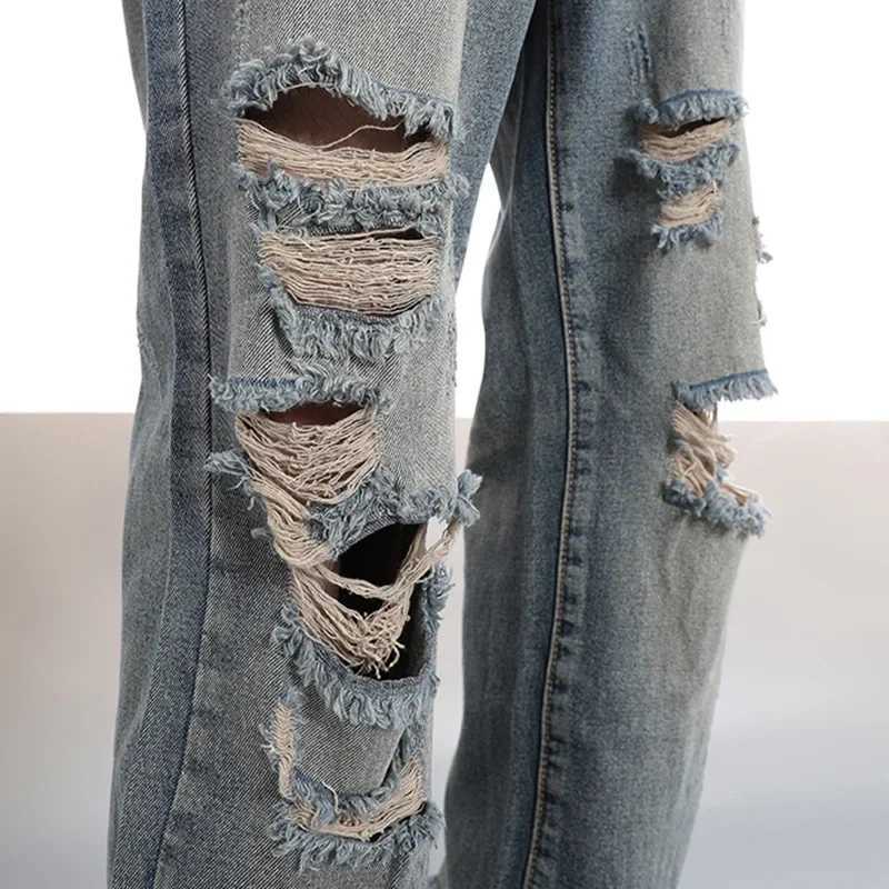 Mens Classic Baggy Straight Ripped Denim Pants Mens Fashion Cool Style Streetwear Jeans American Vintage Hip Pop Denim TrousersT250319