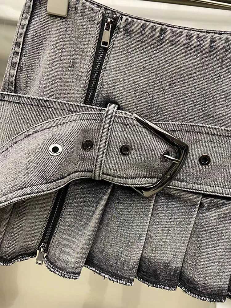 DEAT Womens Cowboy Skirt High Waist Wide Band Washed Grey Spliced Zipper Wrinkled Mini Skirt Spring 2025 New 11A0129XJ250320