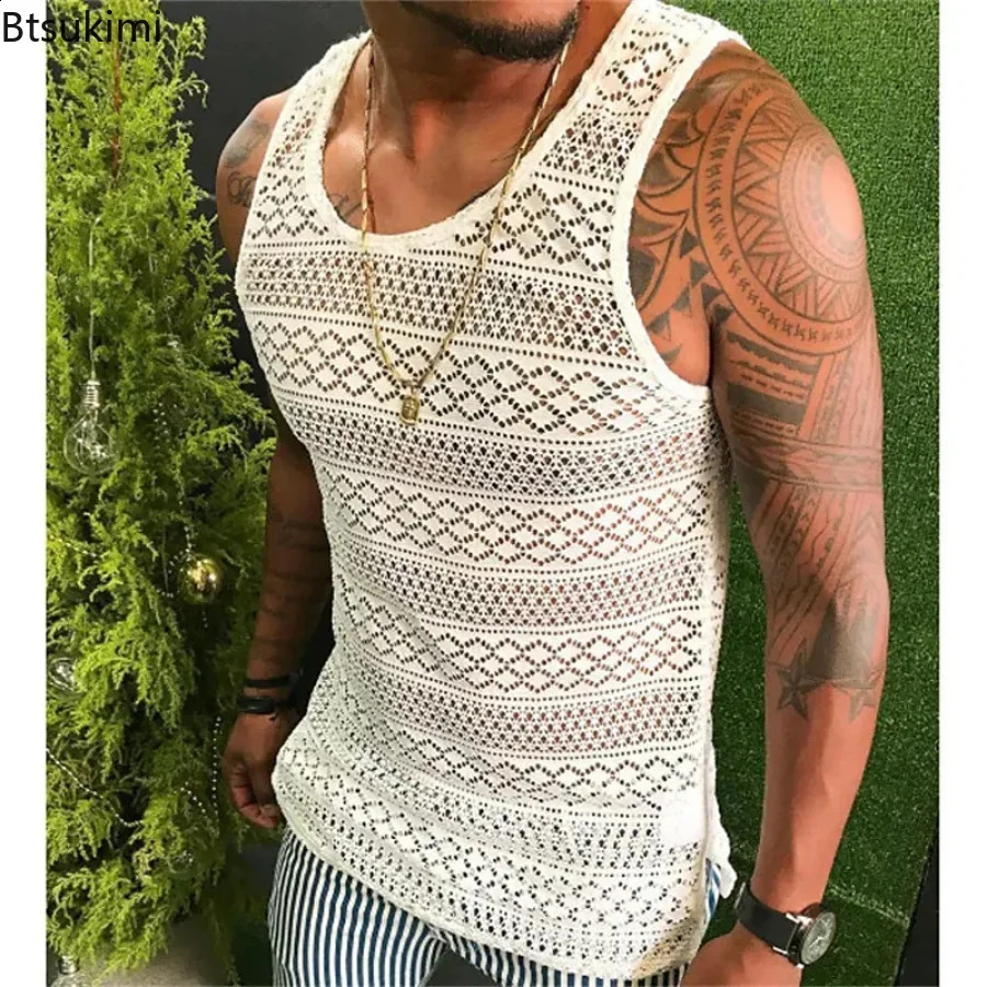 Summer Tank Top for Men Lace Hollow Out Sleeveless Shirts Mens Clothing Slim Fit Gym Clothes Workout Solid Vest Tops Male 250318