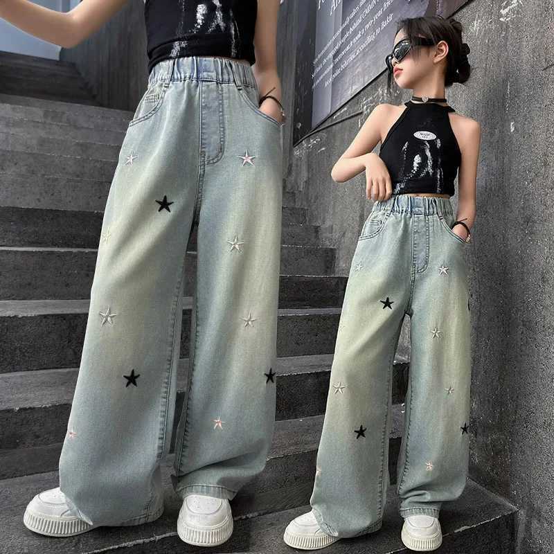 New Fashion Teenager Girls Denim Wide Leg Pants Children Trousers Spring Summer Star Pattern Girls Jeans 5-14 Years Kids ClothesT2502320