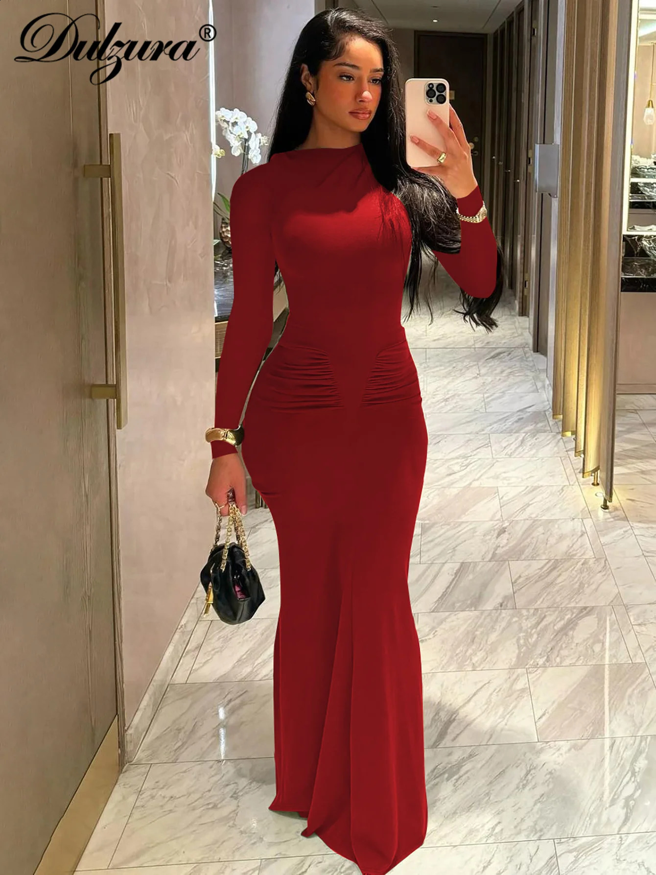 Dulzura Elegant Solid Long Sleeve Maxi Dress Bodycon Ruched Simple Women Clothes Cocktail Evening Party Dresses Y2K Wholesale 250319