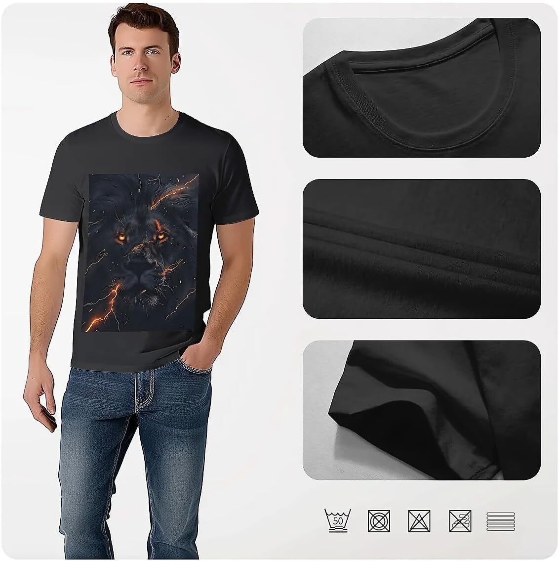 T shirt for Mens Mens Novelty T-Shirts Graphic 2D Print Summer Short Sleeve Black Lion Orange Lightning Shirts Tshirt Graphic Tee Casual Tops Clothes 