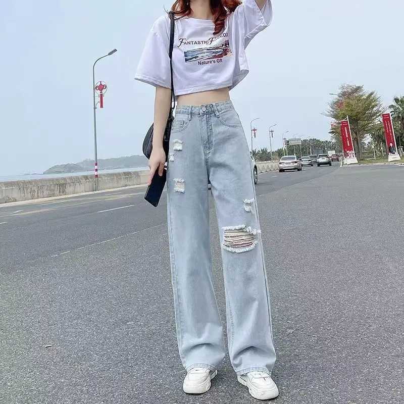 Perforated high waisted jeans for womens spring and summer thin straight tube loose 2022 new casual thin wide leg pantsT250326