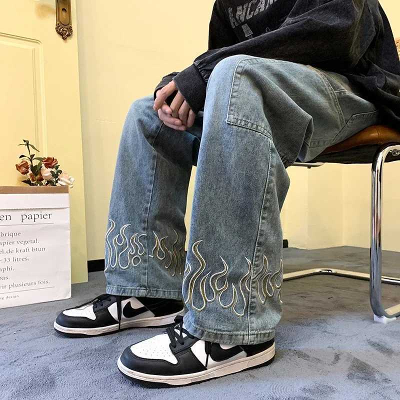 2024 new autumn mens street hip-hop loose wide leg pants Y2k Harajuku style pocket straight jeans black blueT250319