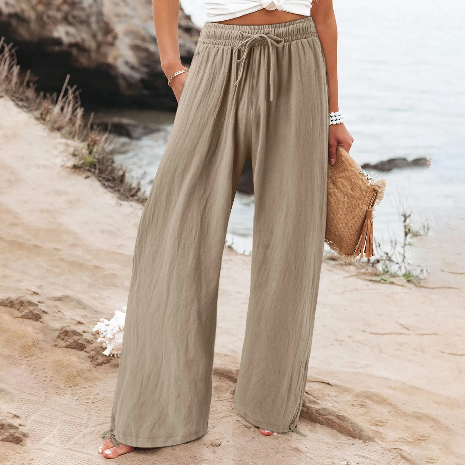 Womens Pant Cotton Linen Pants Drawstring Waist Wide Leg Loose Trousers with Pockets 250320
