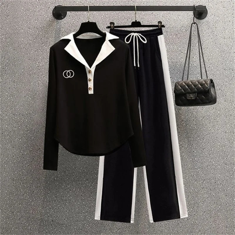 Autumn Polo Neck Long Sleeve Casual Splicing Wide Leg Pants Two Piece Set Womens Pants Set 250318