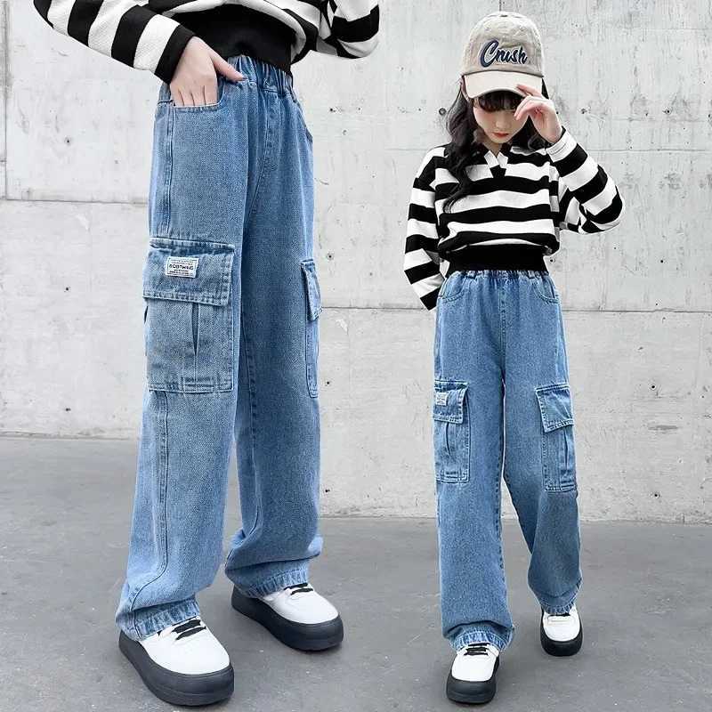 Teenage girl jeans new arrival casual fashion loose high-quality childrens leg wide pants school children Trouser 6 8 9 10 14 years oldT250326