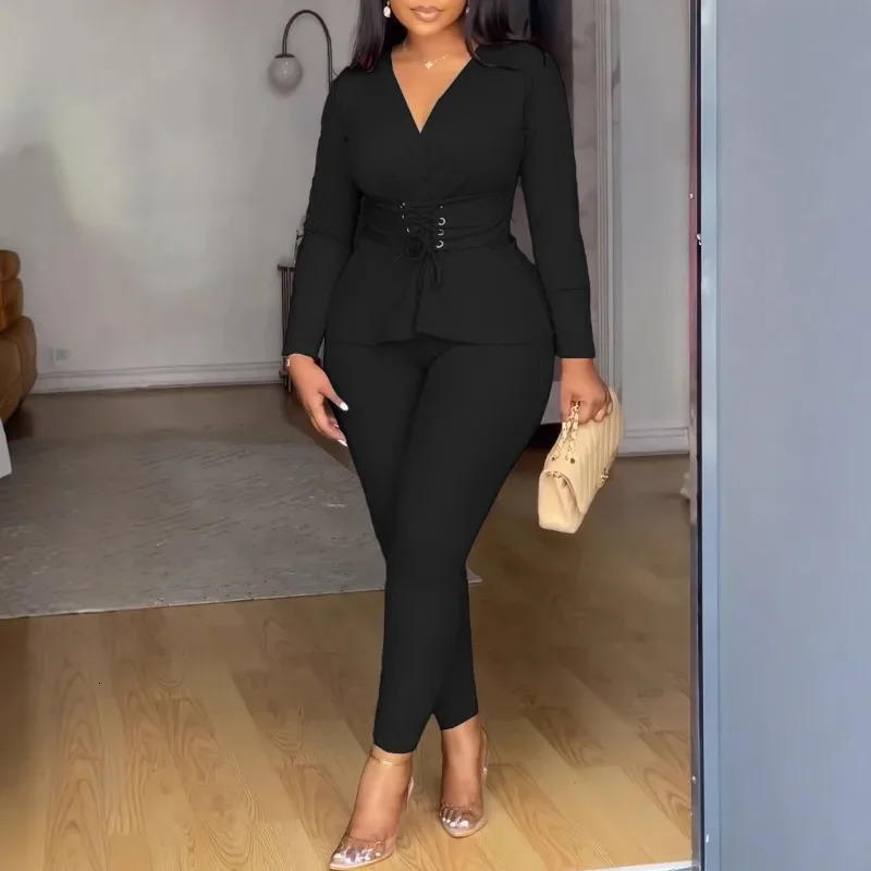 Solid Color Sexy Club Outfits for Women Two Piece Set Elegant Workwear Office Lady Lace-up Corset Tops and Pants Matching Sets 250320