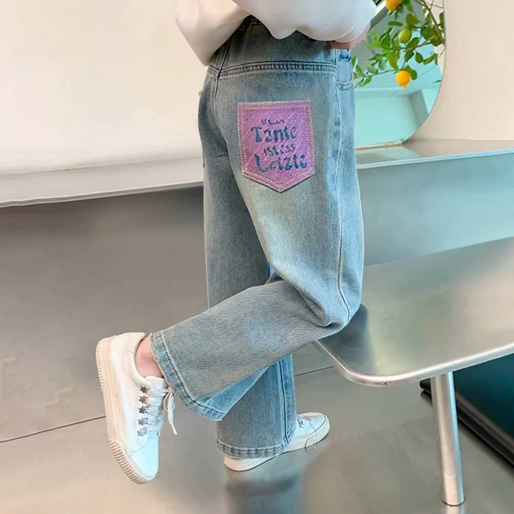 Sports pants teenage jeans autumn fashion casual streetwear spring fairy childrens clothing girls pants childrens clothing wide legsT250326