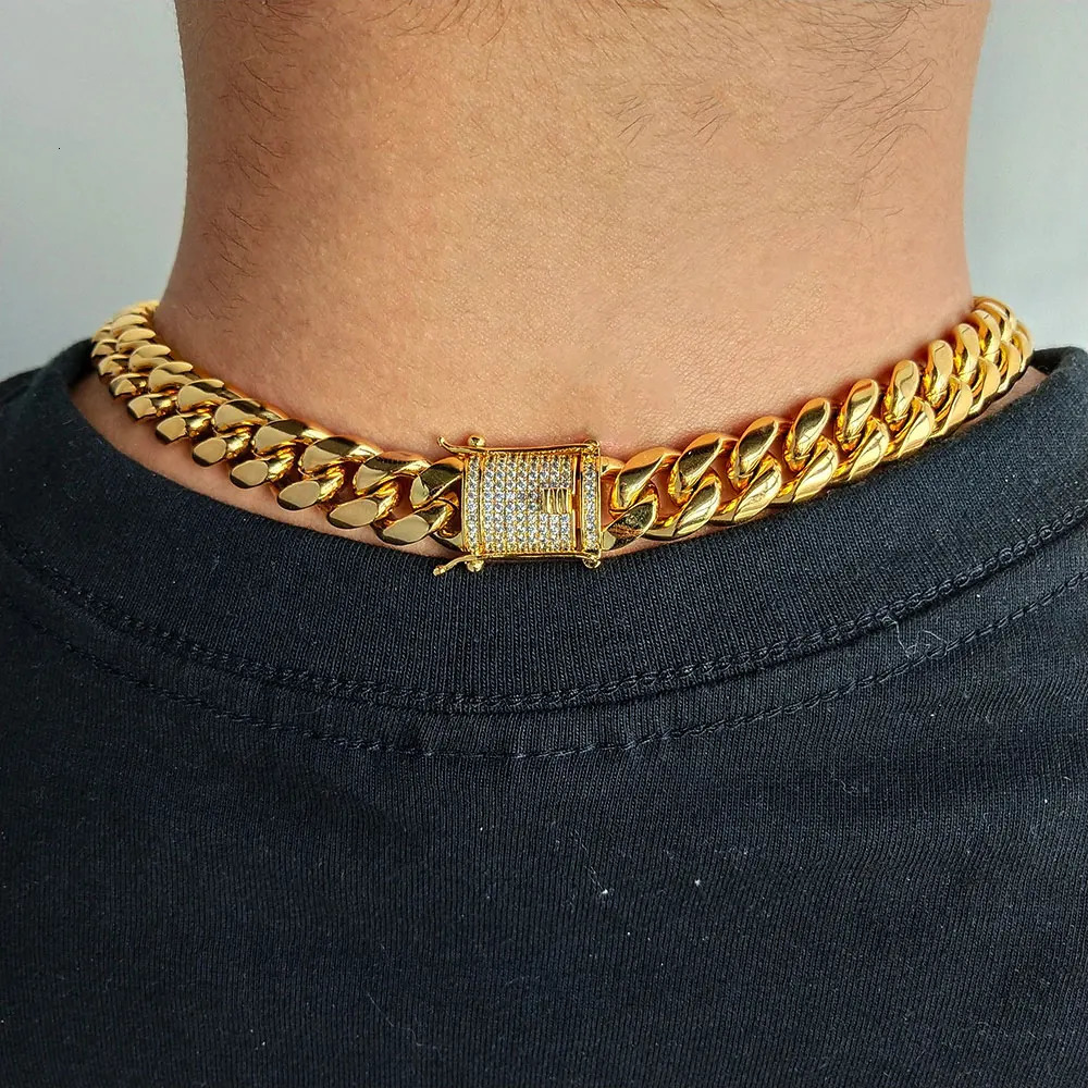 Drop Hip Hop Three Times Plated Stainless Steel Jewelry Bling Iced Miami Cuban Link Chain Necklace For Men 250318