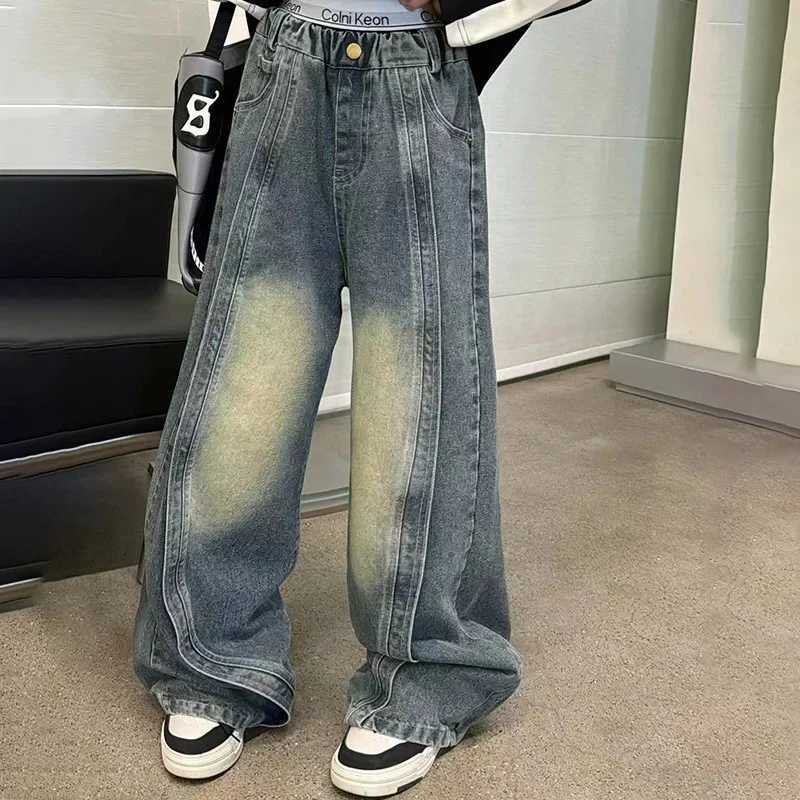 Teenage girl pants with fashionable patchwork design floor jeans Trouser childrens wide leg jeans 6 8 10 12 14-year-old childrens bottomT250326