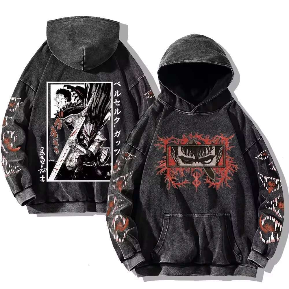 Men's Berserk Hoodie Retro Gothic Printed Washed Hoodie Hip Hop Street Clothing Cotton Sportswear Harajuku Casual Hoodie