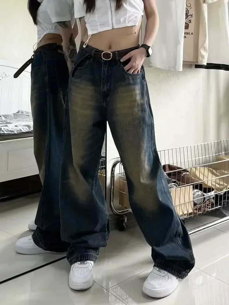 Womens jeans Distressed full-length wide leg denim pants spliced zipper fly vintage jeans pocket high street loose suit washingT250319
