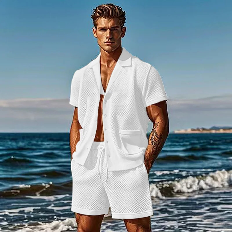 Mesh Breathable Ice Cool Summer Leisure Set Thin Solid Color Mens Short Sleeve Two Piece Set 250314