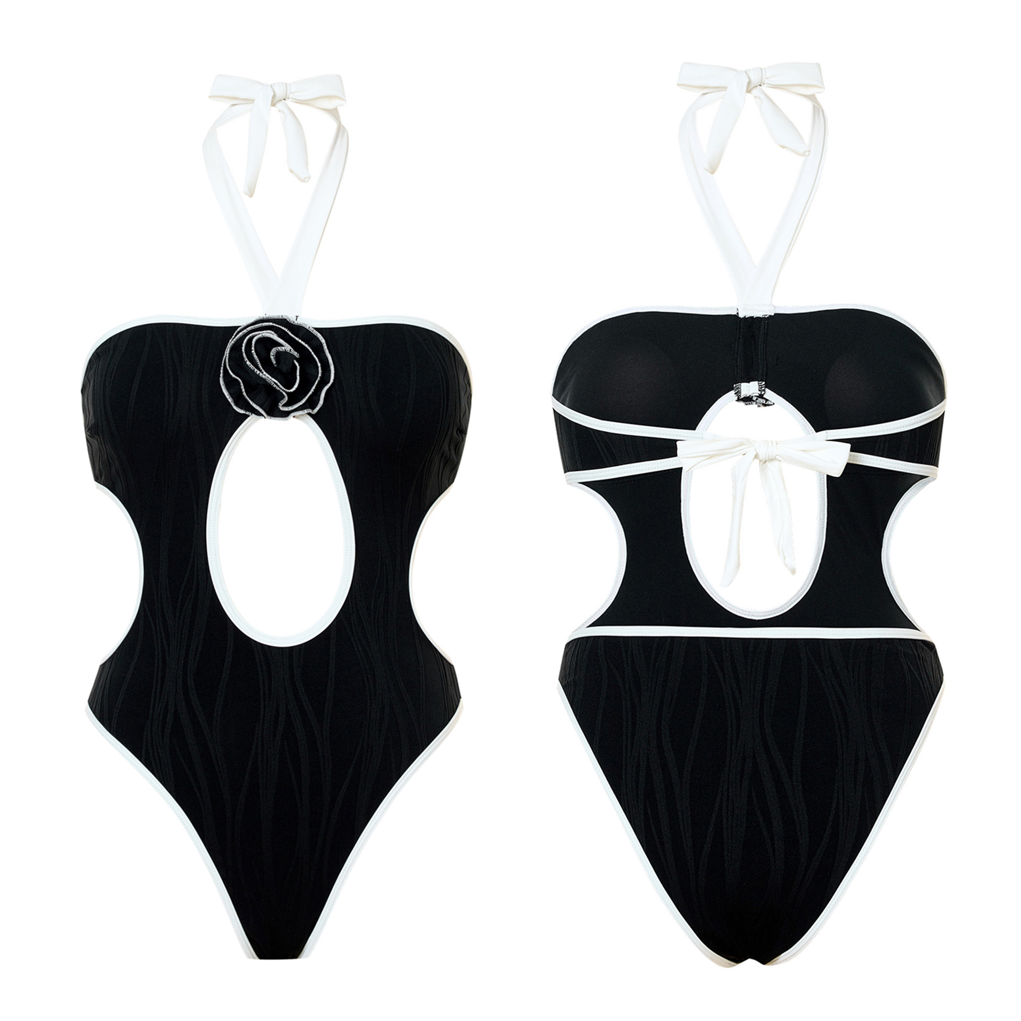 Stylish Women 3D Flower Decor One Piece Swimsuit Textured Hollow out Backless Swimwear Sexy Monokini Ladies Halter Neck Bathing Suits High Cut Beachwe