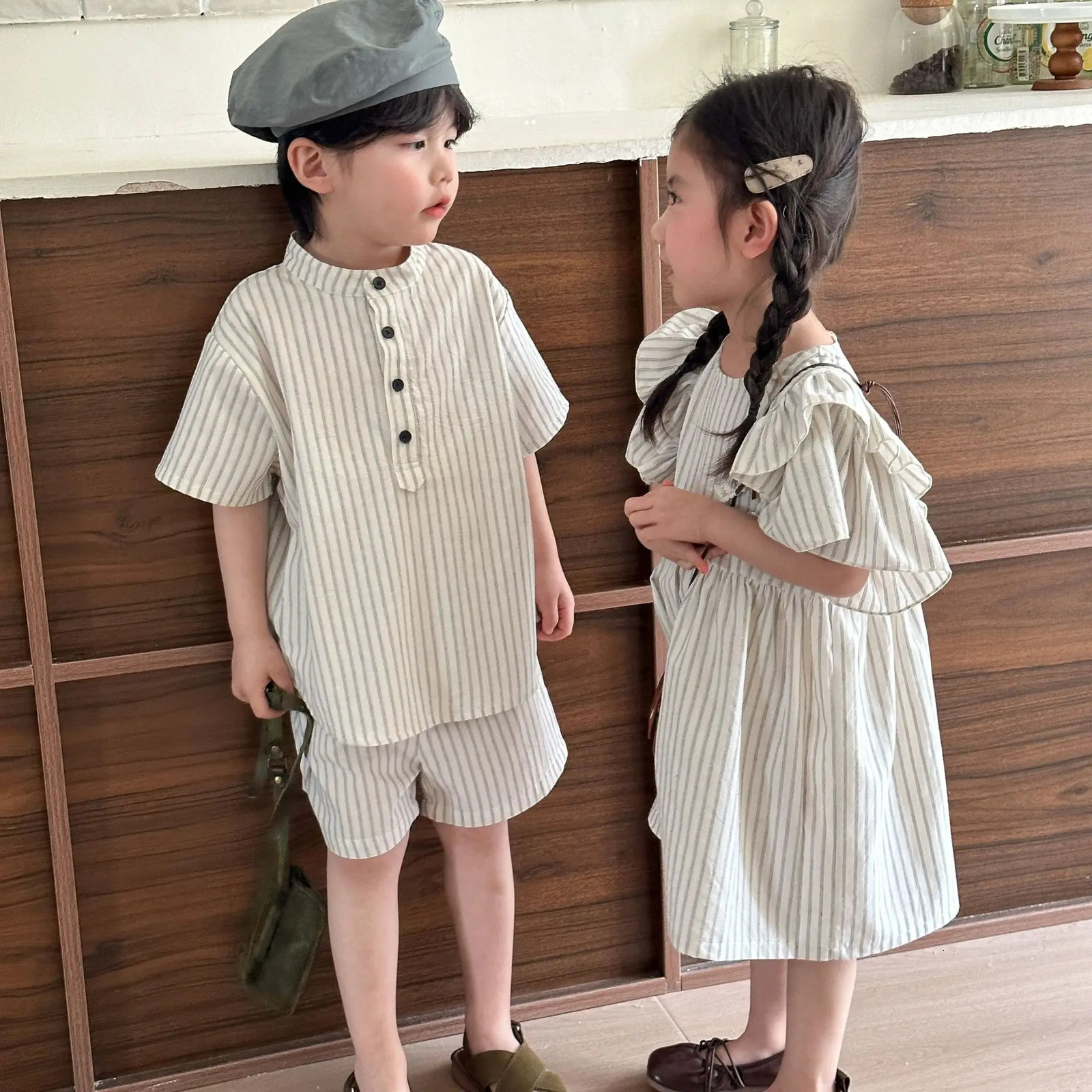 Brother Sister Clothes Summer Short Sleeve Tshirts Stripes Shorts Baby Boys Suit Thin Cotton Ruffle Children Girl Dress 250319