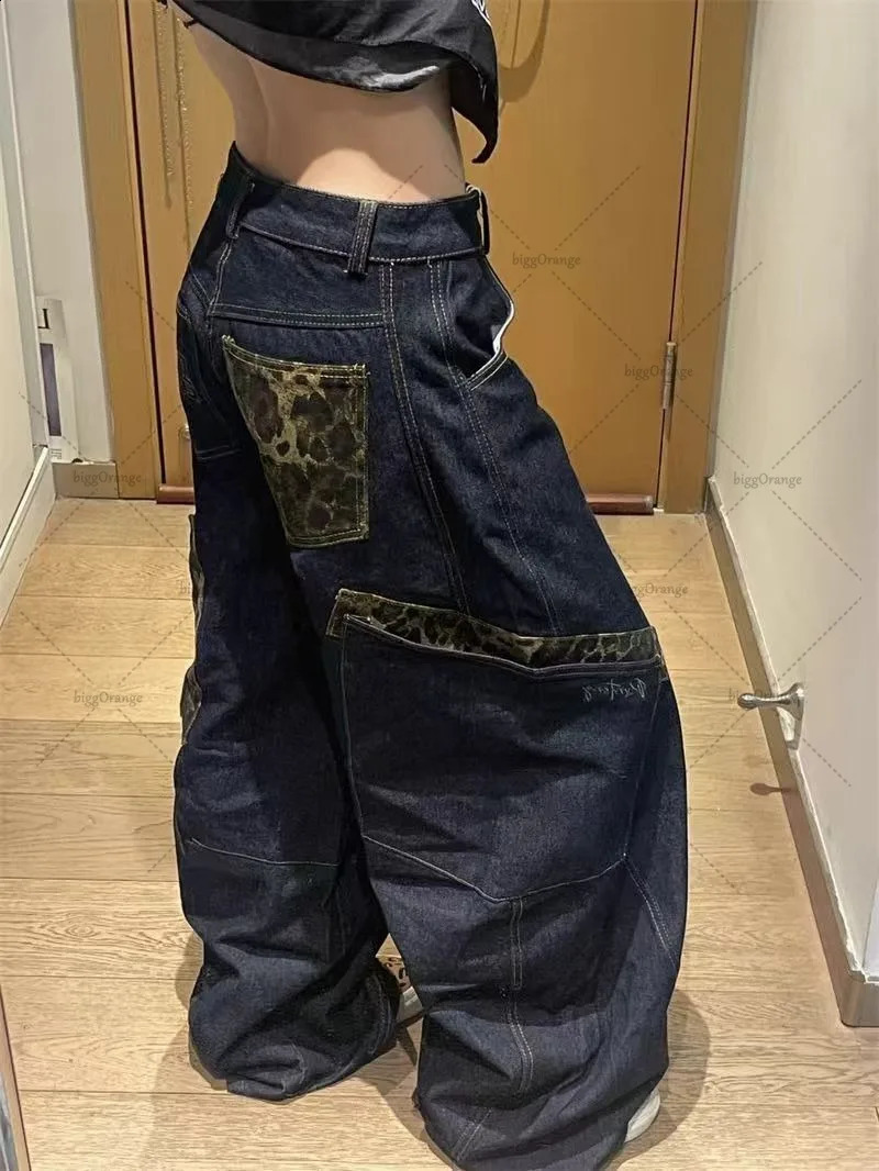 American Y2k Harajuku Washing Jeans Leopard Print Dark Blue High Street Retro Clothing Loose Super Large Straight Wide-leg Pants 250319