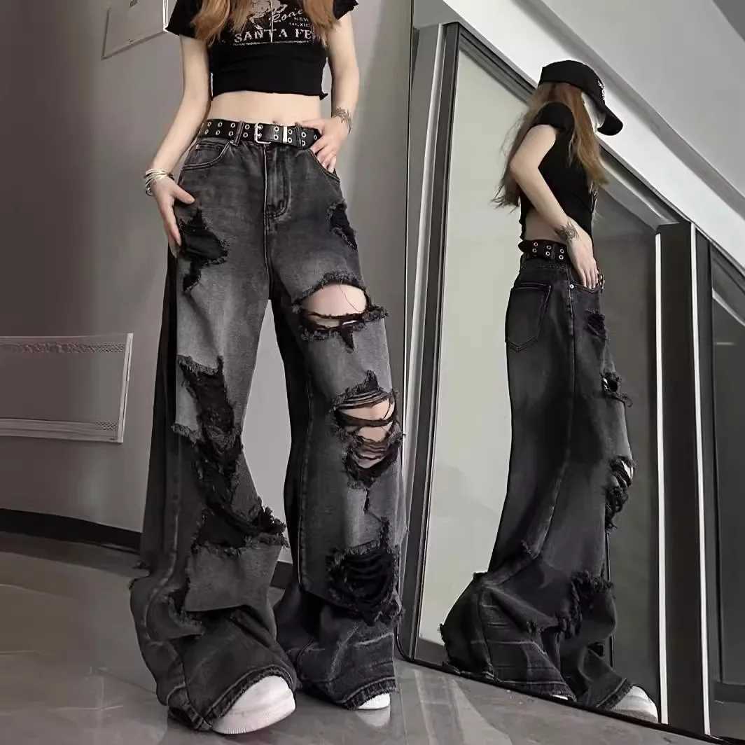 Unique Cool Tear Jeans for Womens Summer Distressed American Bell Bottom Loose Fit Versatile Straight Leg PantsT250326