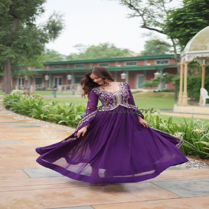 Ethnic Purple Lehenga Evening Dress With Dupatta Paskistani Georgette V Neck Gold Lace Abaya Prom Dress Indian Party Special Occasion Wear Reception D