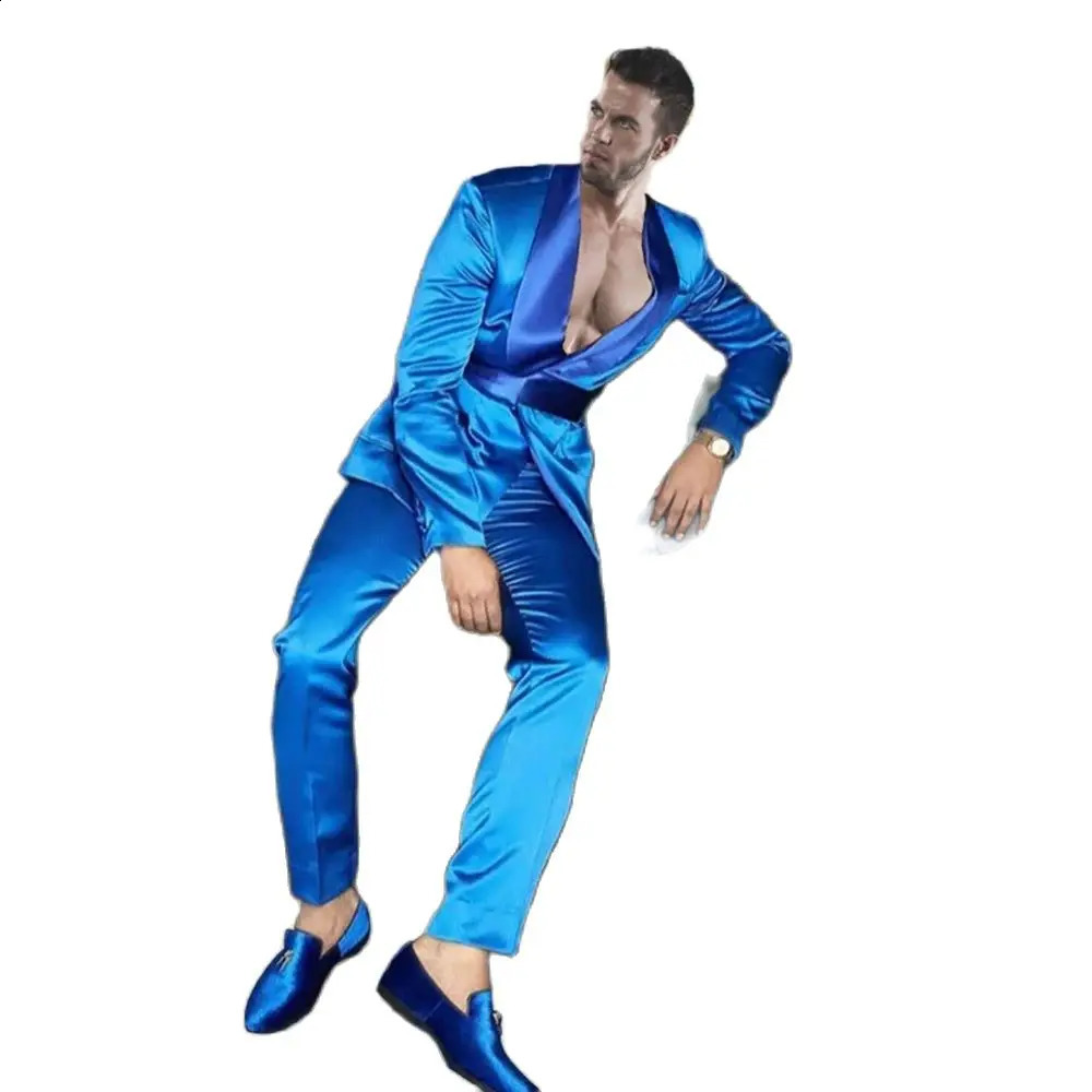 Fashionable blue shawl lapel mens set regular length flat front 2piece jacket pants ultrathin fit elegant wedding clothing complete 250311