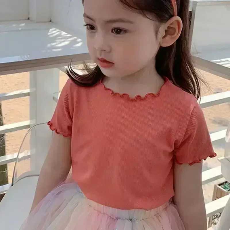 Girls Casual Ice Silk Short Sleeved T-shirt Summer Children Ear Edge Top 2-10 Years Old Girl Versatile Half Sleeved ClothesT250320