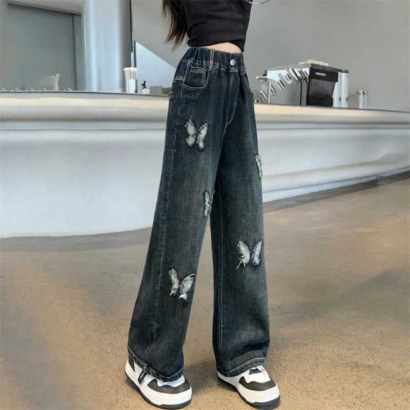 Autumn Teenage Girls Butterfly Embroidered Jeans Elastic Waist Teenage Children Wide Leg Pants Children Trouser Straight Leg JeansT250326