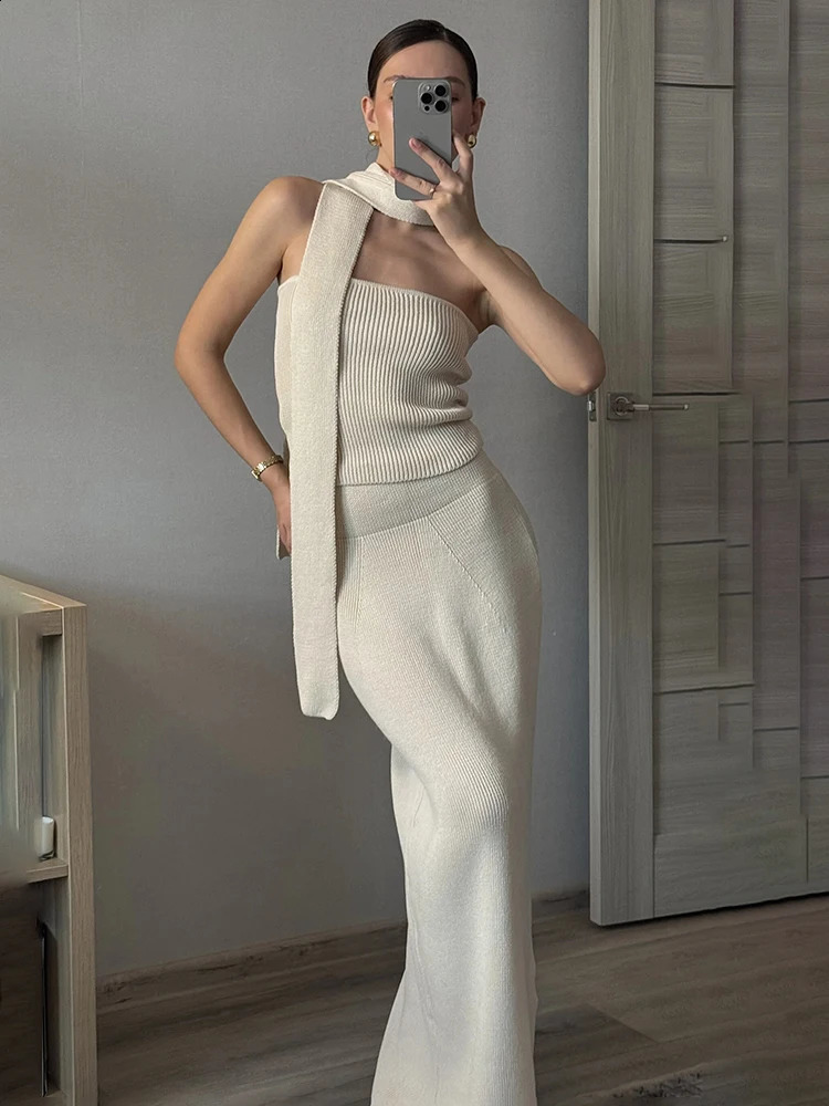 Taruxy Knitted Dress Set Womens Elegant Strapless Top Ultra Thin High Waist Long Style Summer Sweater 2-piece Set 250317