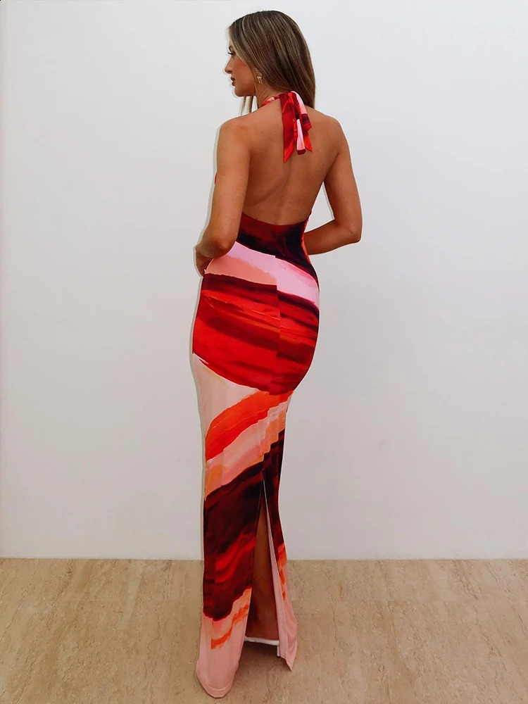 Weird Puss Deep V-Neck Women Long Dress Colorful Print Sexy Backless Sleeveless Lace-Up Elegant Birthday Banquet Party Bodycon 250319