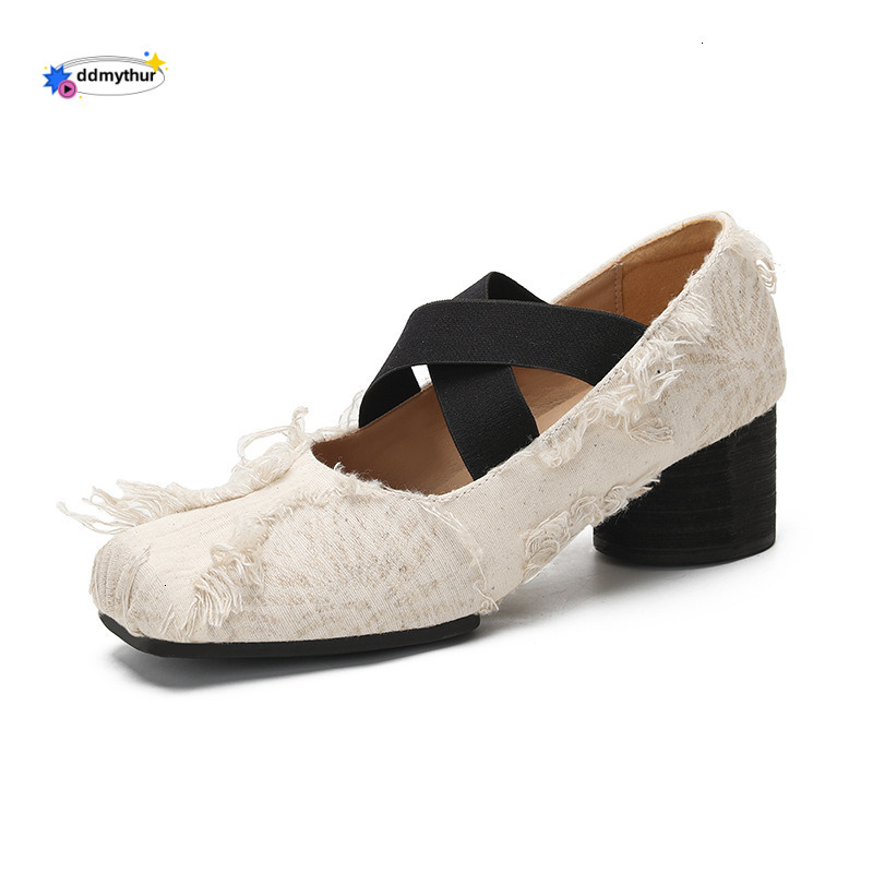 Chinese artistic square toe middle heel shallow mouth French style women's cross strap Mary Jane single shoe ddmythur