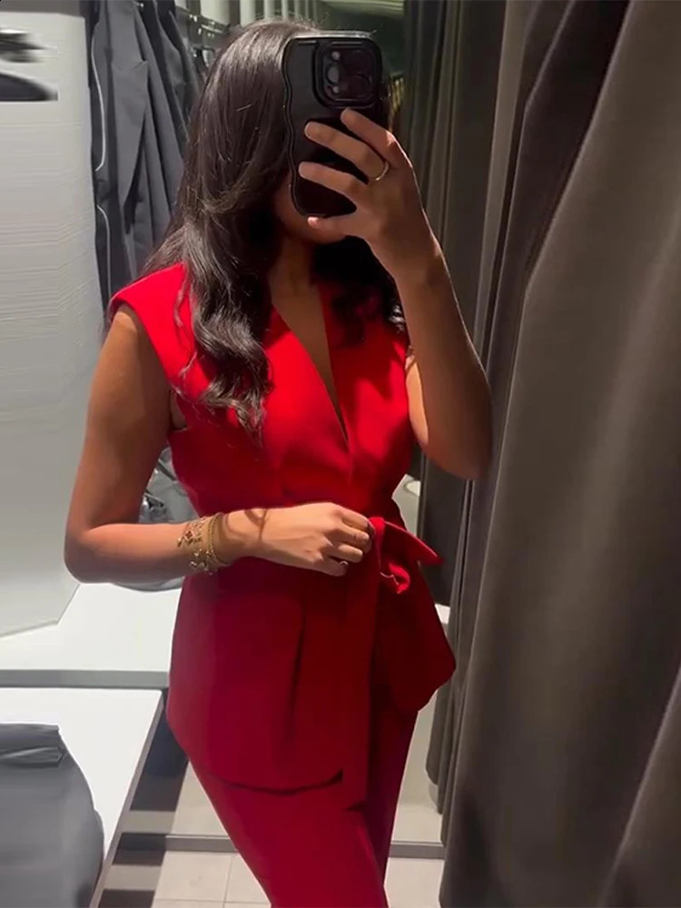 Red lace up vest pants set for womens elegant Vneck sleeveless high waisted Trouser 2025 summer 2piece 250319